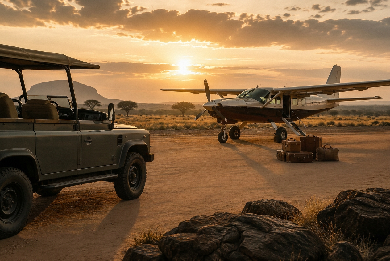 Safari vehicle and bush plane on a savanna airstrip at golden sunset with luggage ready for departure