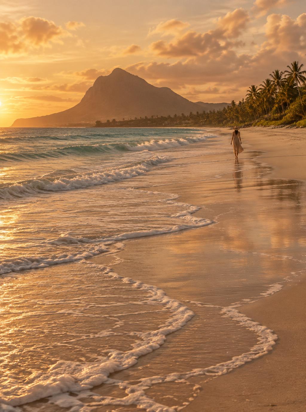 A woman in a linen dress walking barefoot along a Mauritius shoreline at golden hour, back to the camera