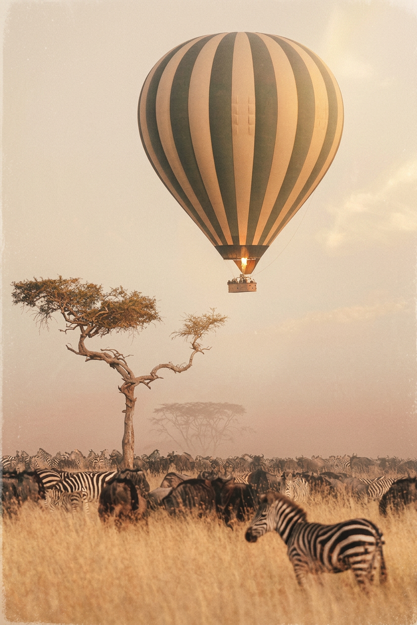 Striped hot air balloon drifting over an acacia tree and zebras on the savanna at dawn